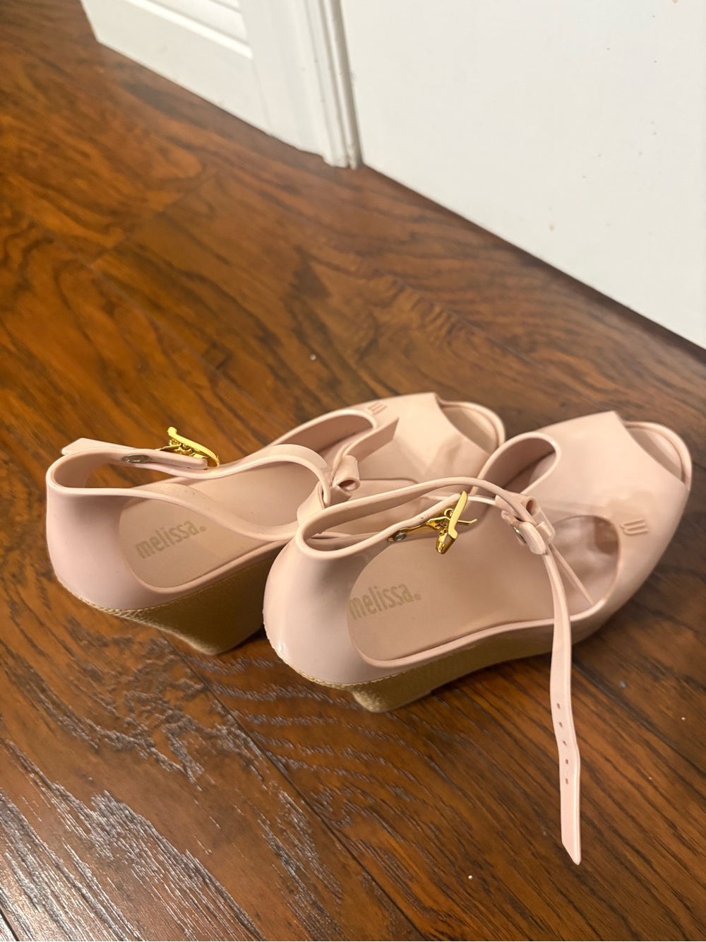 Melissa Pink Peep-Toe Wedge Sandals with Gold Buckle